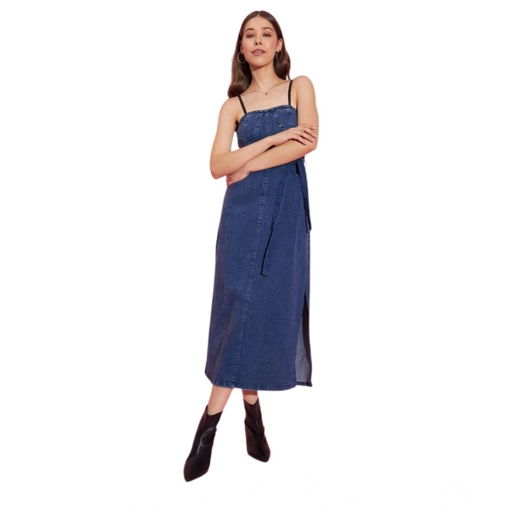 Generic Women's Denim Solid Shoulder Straps Dress (Blue)