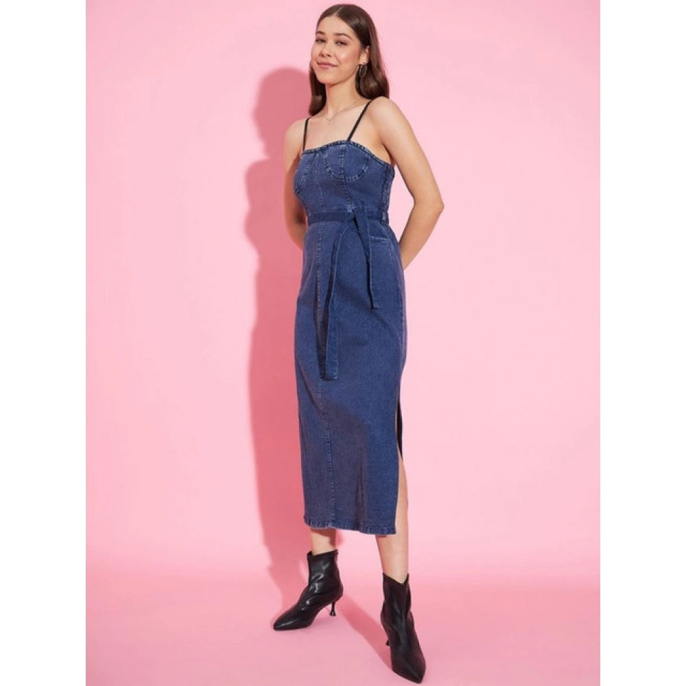 Generic Women's Denim Solid Shoulder Straps Dress (Blue)