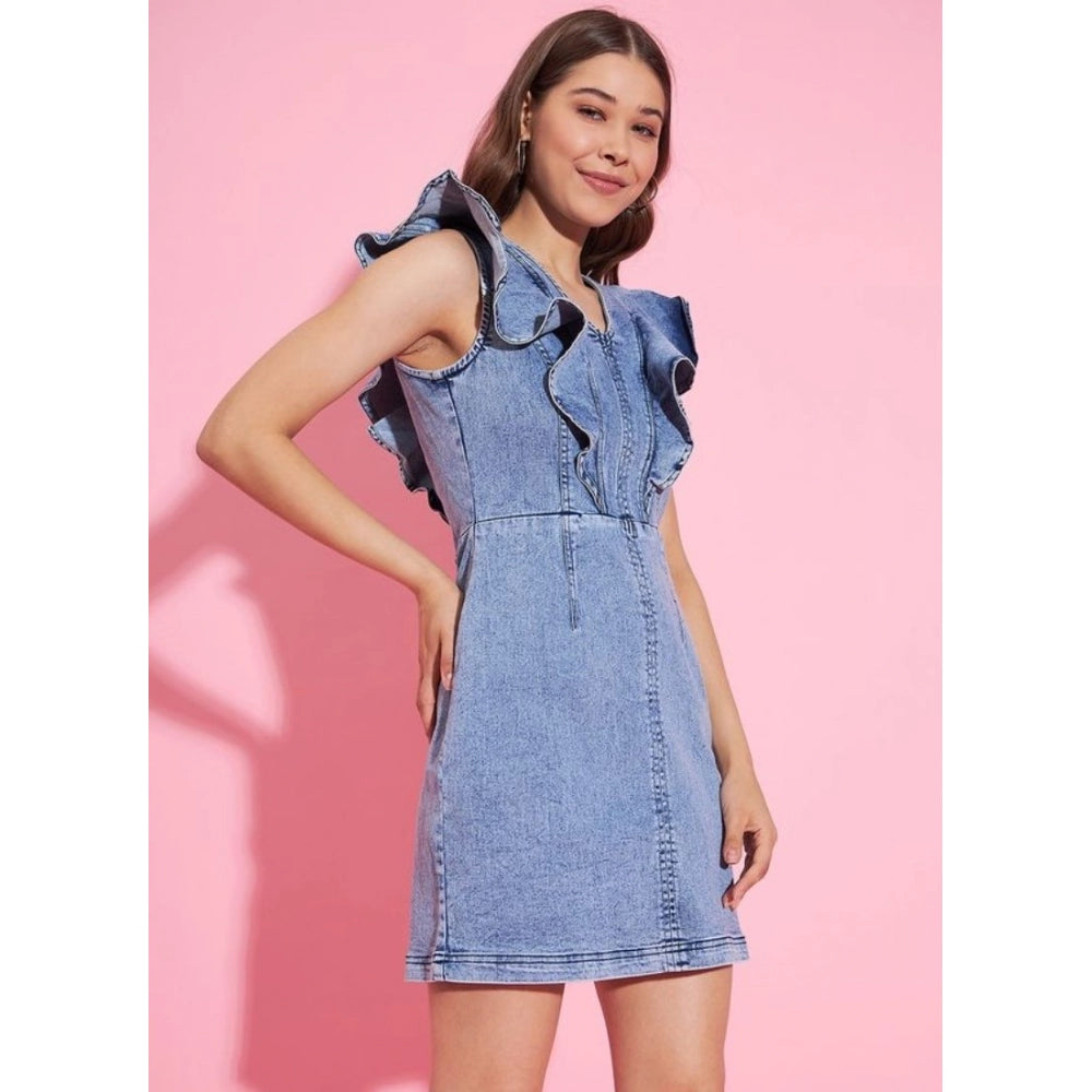 Generic Women's Denim Solid Flutter Sleeve Dress (Blue)