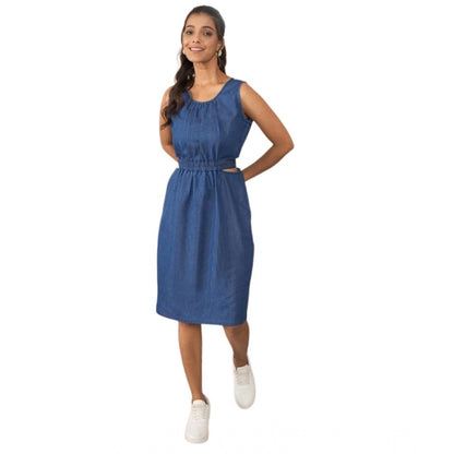 Generic Women's Denim Solid Sleeveless Dress (Blue)