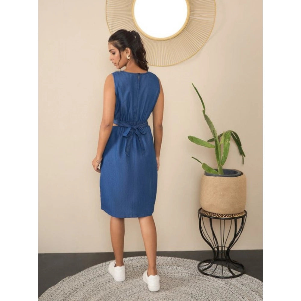 Generic Women's Denim Solid Sleeveless Dress (Blue)