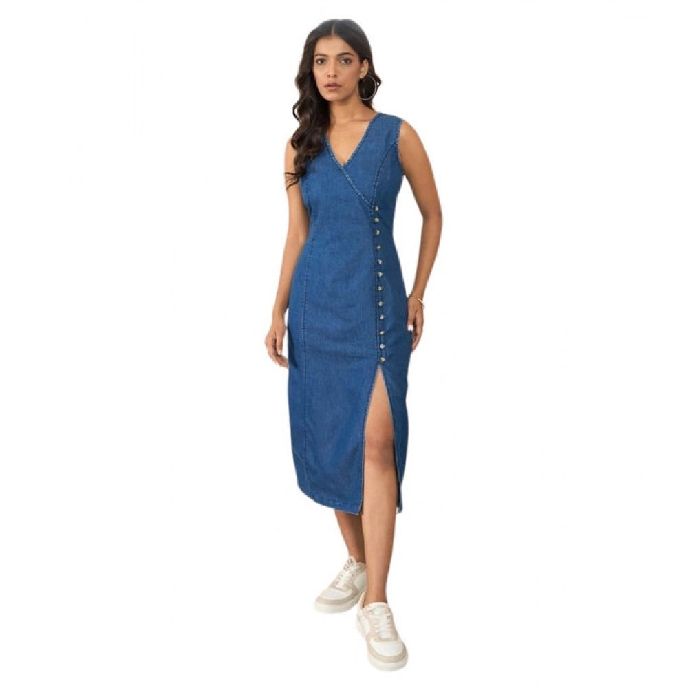 Generic Women's Denim Solid Sleeveless Dress (Blue)