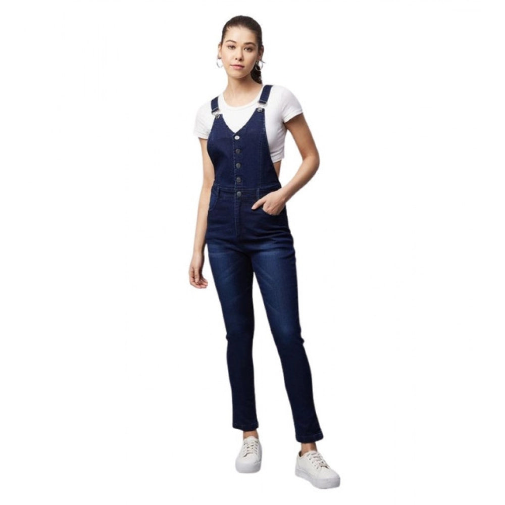 Generic Women's Denim Lycra Solid Buttoned Dungaree (Navy)