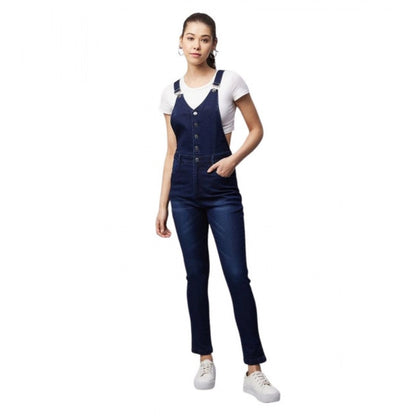 Generic Women's Denim Lycra Solid Buttoned Dungaree (Navy)