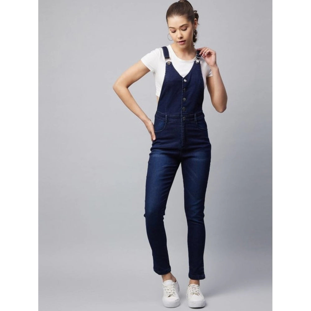 Generic Women's Denim Lycra Solid Buttoned Dungaree (Navy)