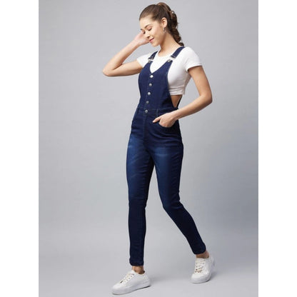 Generic Women's Denim Lycra Solid Buttoned Dungaree (Navy)