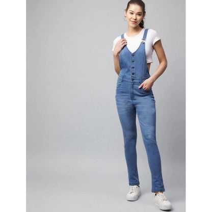 Generic Women's Denim Lycra Solid Buttoned Dungaree (Ice Blue)