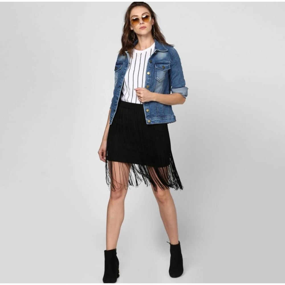 Generic Women's Denim Washed Long Sleeves Jacket (Blue)
