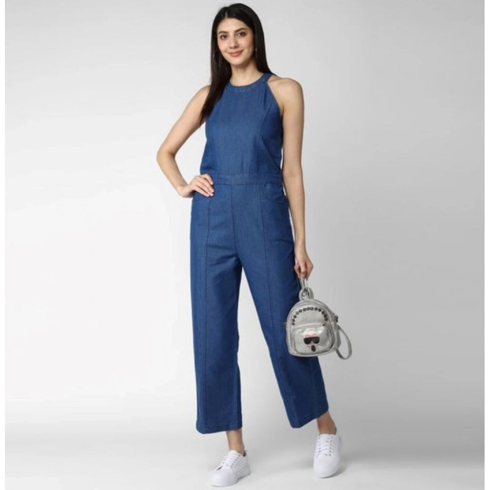 Generic Women's Denim Solid Sleeveless Jumpsuit (Blue)