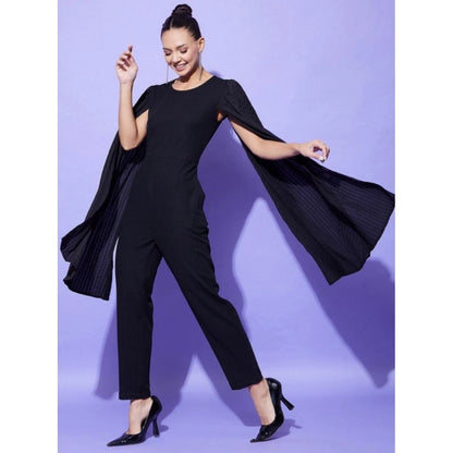 Generic Women's Polyeter Solid Cape Sleeve Jumpsuit (Black)