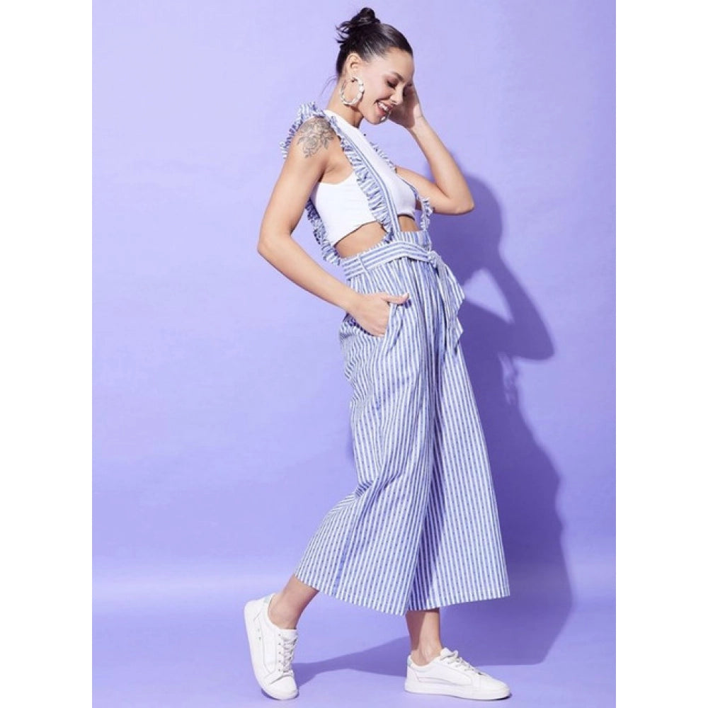 Generic Women's Cotton Pinafore Shoulder Straps Jumpsuit (Light Blue)