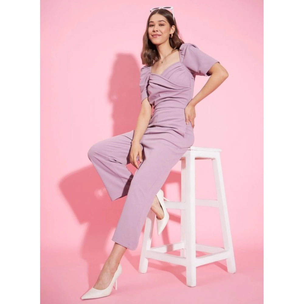 Generic Women's Polyester Lycra Solid Puff Sleeve Jumpsuit (Lavender)