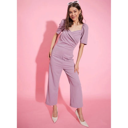 Generic Women's Polyester Lycra Solid Puff Sleeve Jumpsuit (Lavender)
