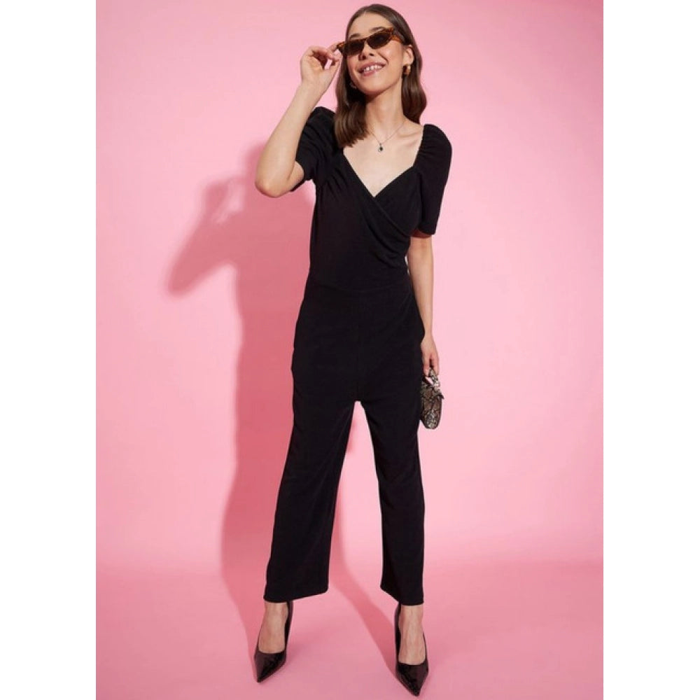 Generic Women's Polyester Lycra Solid Puff Sleeve Jumpsuit (Black)
