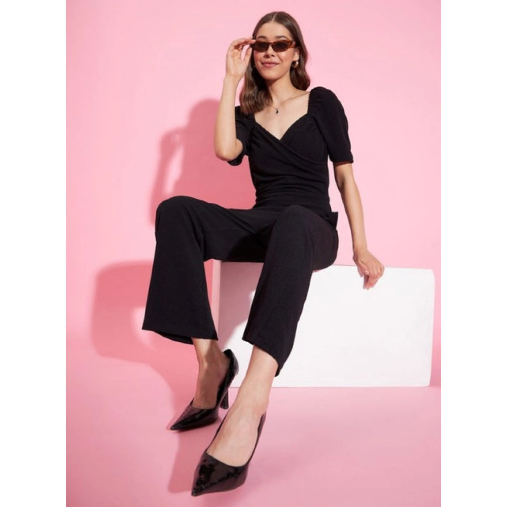 Generic Women's Polyester Lycra Solid Puff Sleeve Jumpsuit (Black)