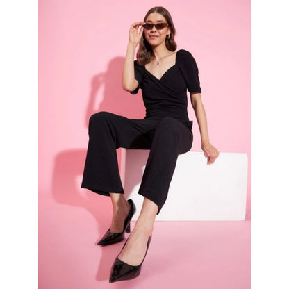 Generic Women's Polyester Lycra Solid Puff Sleeve Jumpsuit (Black)