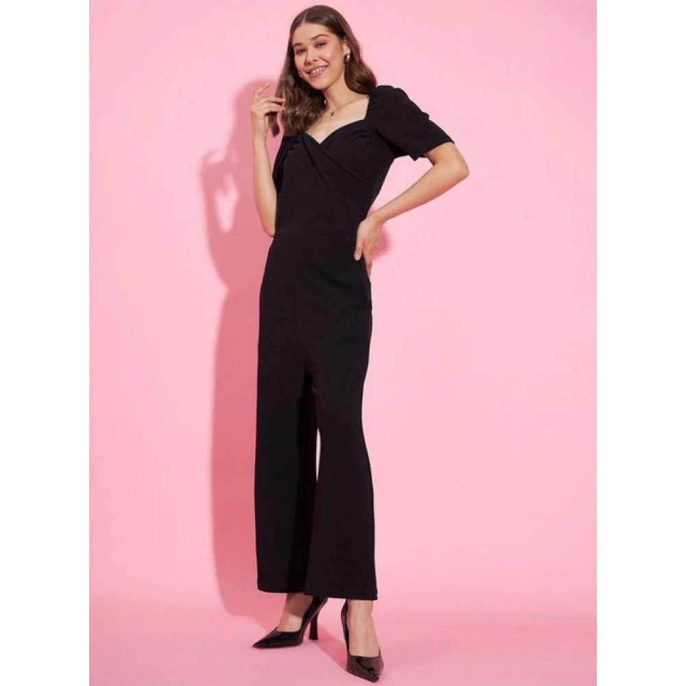 Generic Women's Polyester Lycra Solid Puff Sleeve Jumpsuit (Black)