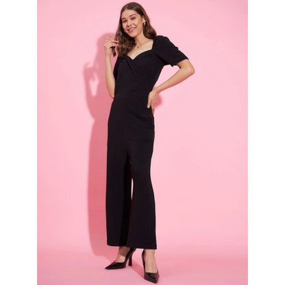 Generic Women's Polyester Lycra Solid Puff Sleeve Jumpsuit (Black)