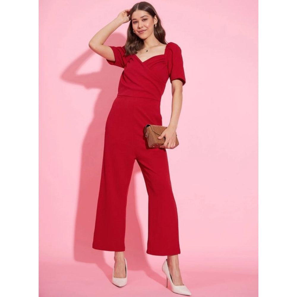 Generic Women's Polyester Lycra Solid Puff Sleeve Jumpsuit (Red)