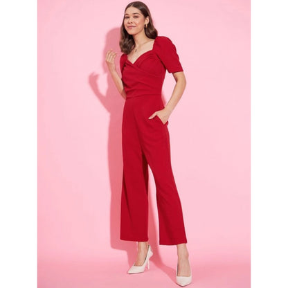 Generic Women's Polyester Lycra Solid Puff Sleeve Jumpsuit (Red)