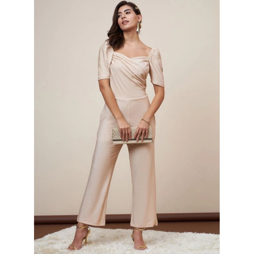 Generic Women's Polyester Shimmer Self Design Short Sleeve Jumpsuit (Gold)