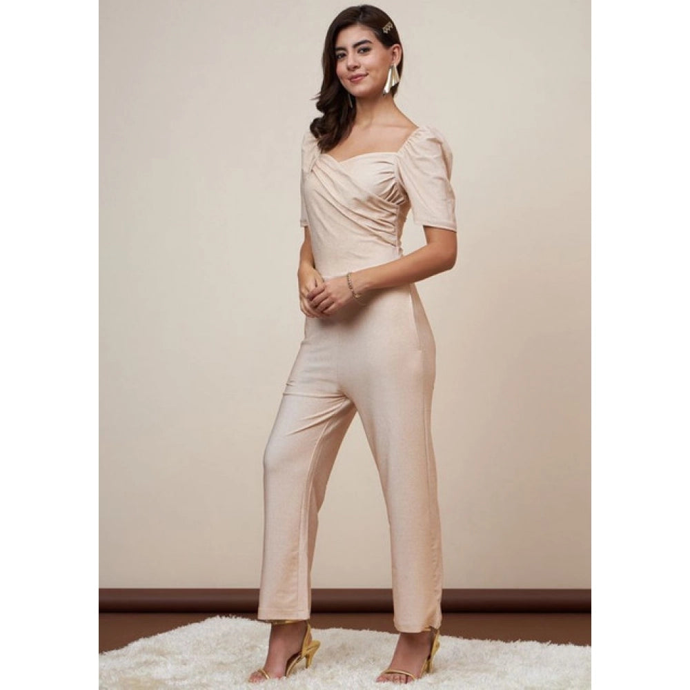 Generic Women's Polyester Shimmer Self Design Short Sleeve Jumpsuit (Gold)