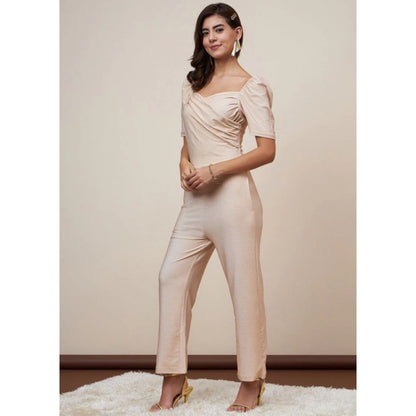 Generic Women's Polyester Shimmer Self Design Short Sleeve Jumpsuit (Gold)