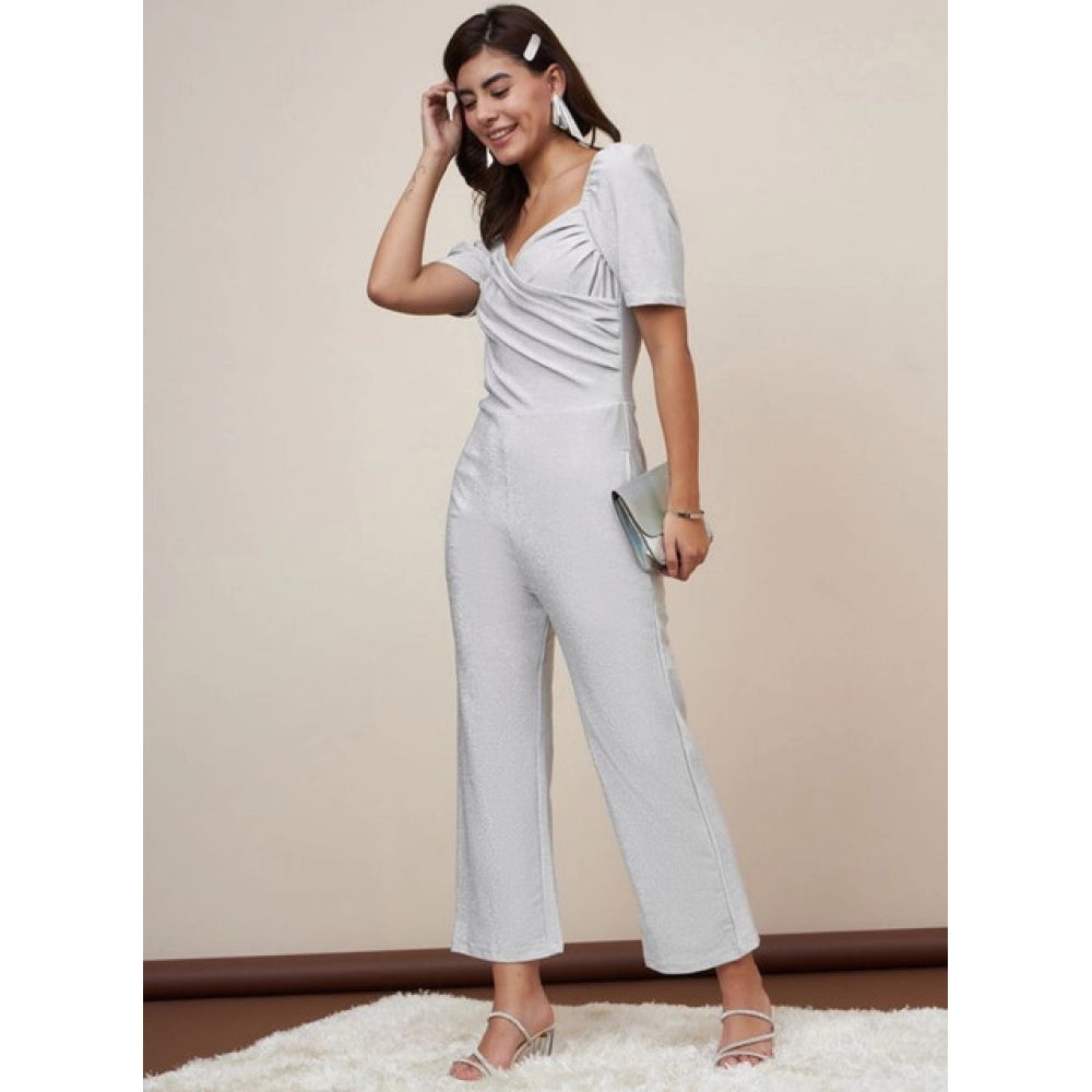 Generic Women's Polyester Shimmer Self Design Short Sleeve Jumpsuit (Silver)