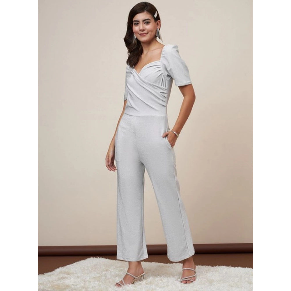 Generic Women's Polyester Shimmer Self Design Short Sleeve Jumpsuit (Silver)