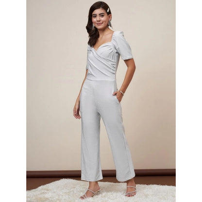 Generic Women's Polyester Shimmer Self Design Short Sleeve Jumpsuit (Silver)