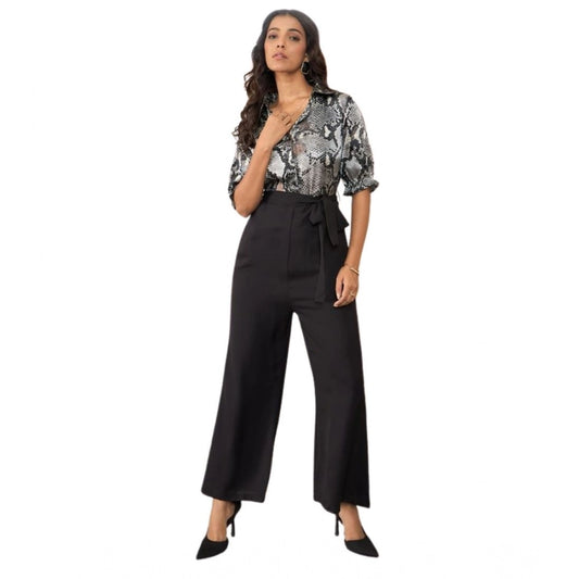 Generic Women's Satin And Polyester Floral Half Sleeves Jumpsuit (Grey - Black)