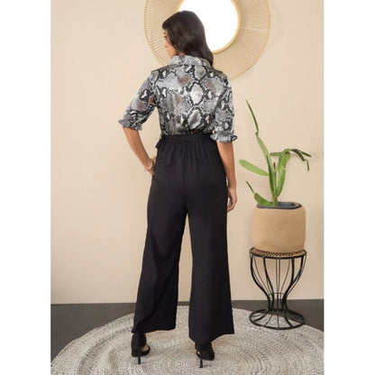 Generic Women's Satin And Polyester Floral Half Sleeves Jumpsuit (Grey - Black)