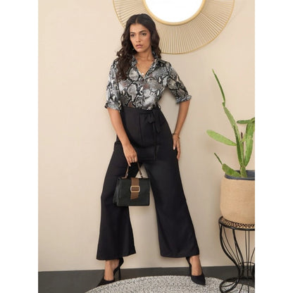 Generic Women's Satin And Polyester Floral Half Sleeves Jumpsuit (Grey - Black)