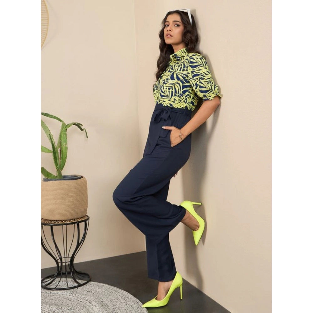 Generic Women's Polyester Floral Half Sleeves Jumpsuit (Navy - Yellow)