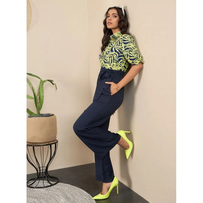 Generic Women's Polyester Floral Half Sleeves Jumpsuit (Navy - Yellow)