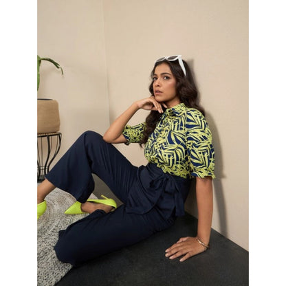 Generic Women's Polyester Floral Half Sleeves Jumpsuit (Navy - Yellow)