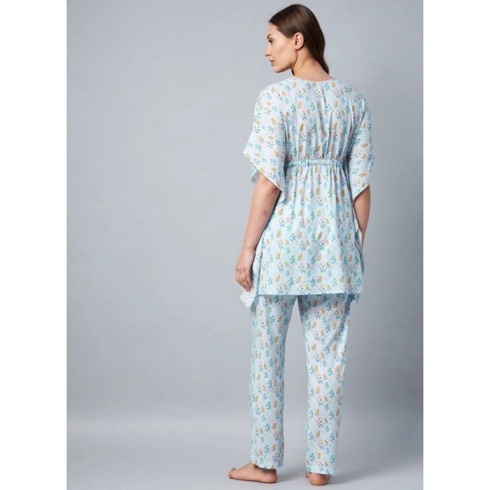 Generic Women's Rayon Floral Kaftan Sleeve Kaftan Sets (Light Blue)
