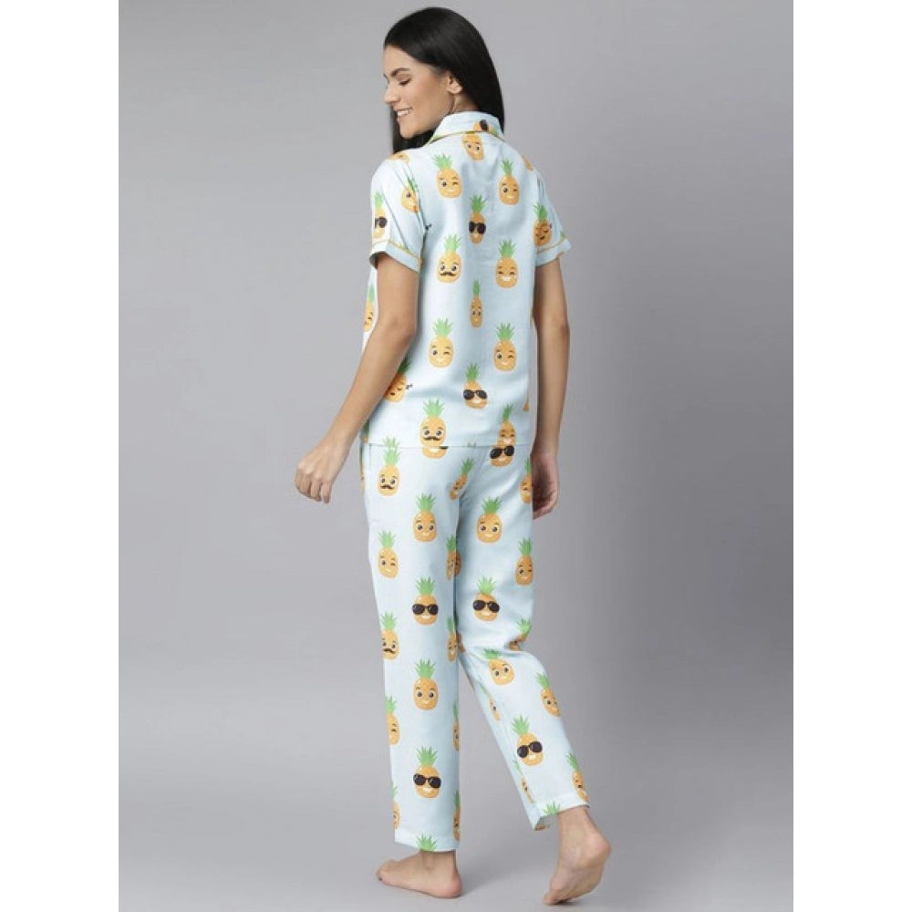 Generic Women's Cotton Blend Printed Short Sleeve Night Suit (Blue-Yellow)