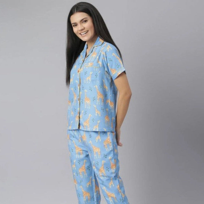 Generic Women's Cotton Blend Printed Short Sleeve Night Suit (Blue)