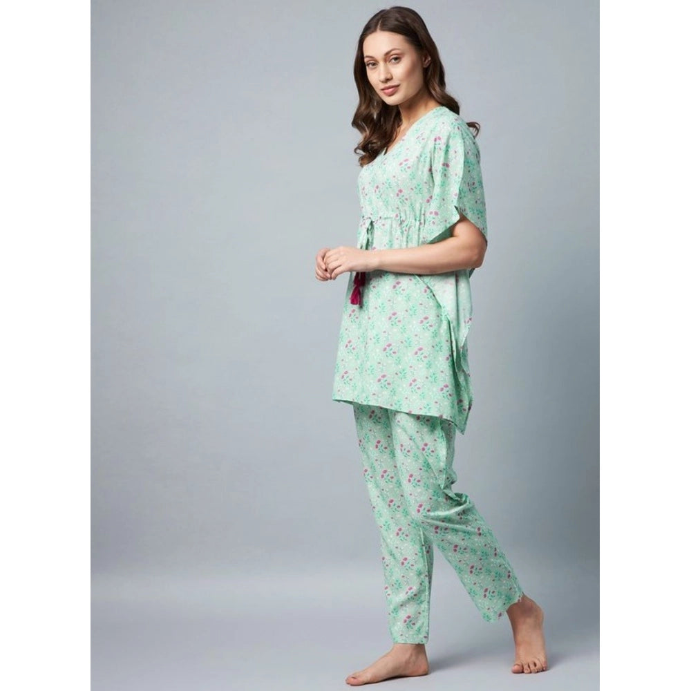 Generic Women's Rayon Floral Kaftan Sleeve Night Suit (Green - Pink)