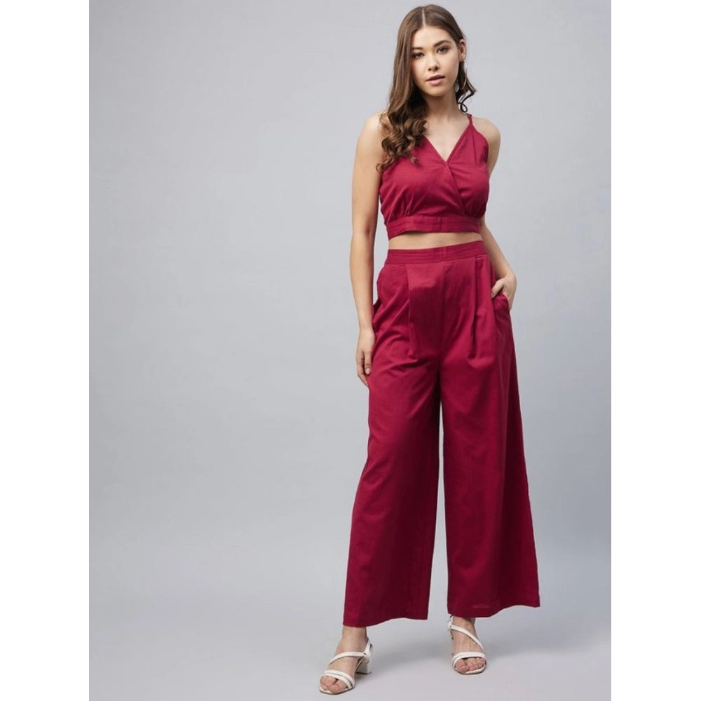 Generic Women's Cotton Linen Solid Sleeveless Crop Top and Palazzo Set (Maroon)