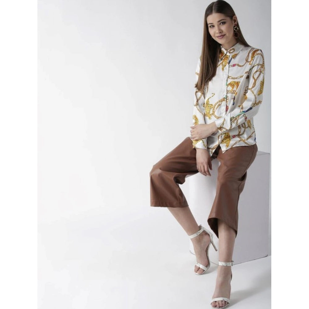 Generic Women's Satin Printed Long Sleeves Shirt (White-Gold)