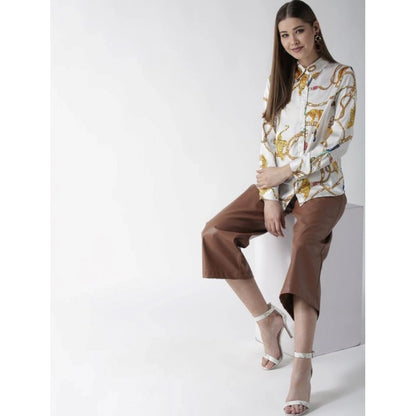 Generic Women's Satin Printed Long Sleeves Shirt (White-Gold)