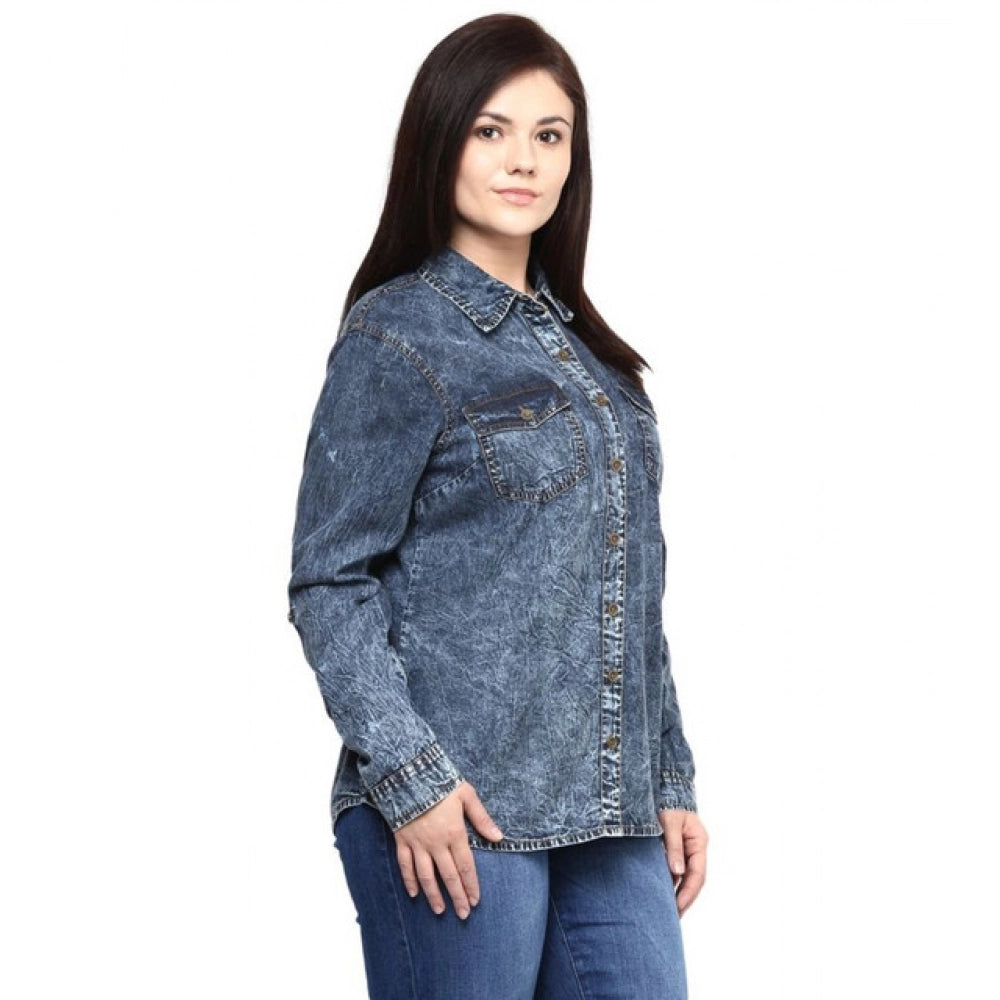 Generic Women's Denim Solid Long Sleeves Shirt (Blue)