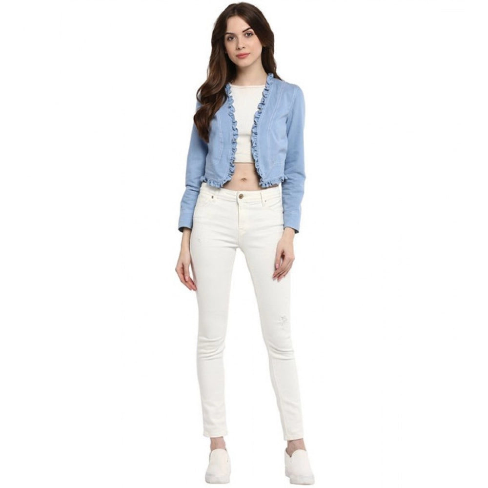 Generic Women's Denim Ruffled Long Sleeves Shrug (Blue)