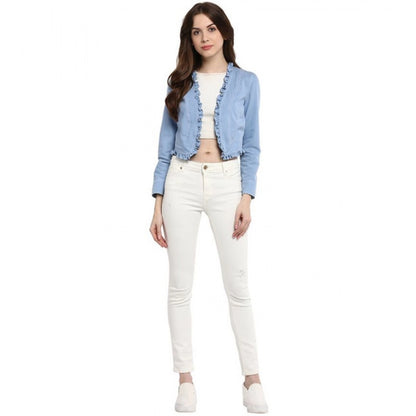 Generic Women's Denim Ruffled Long Sleeves Shrug (Blue)