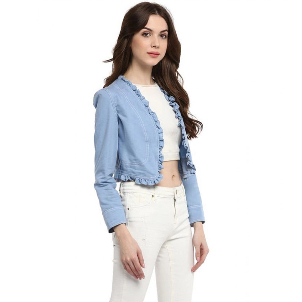 Generic Women's Denim Ruffled Long Sleeves Shrug (Blue)