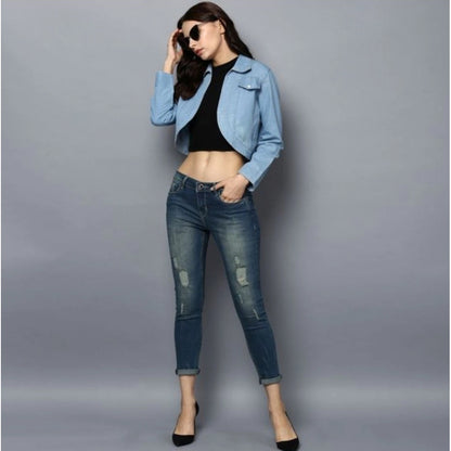 Generic Women's Denim Solid 3-4th Sleeves Shrug (Blue)