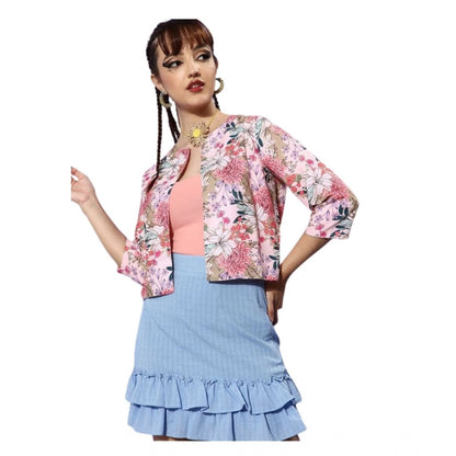 Generic Women's Polyester Floral 3-4th Sleeves Shrug (Peach)