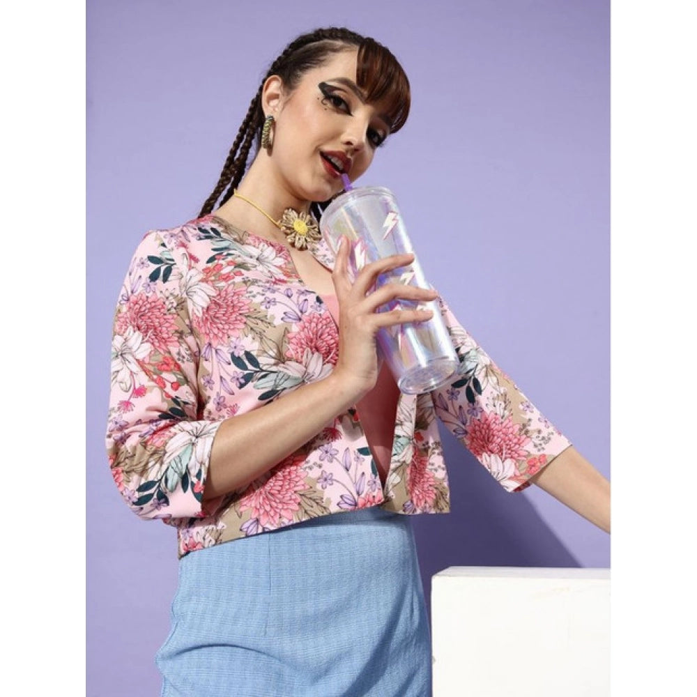 Generic Women's Polyester Floral 3-4th Sleeves Shrug (Peach)